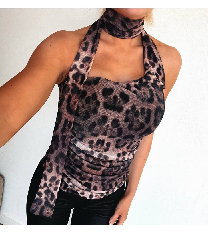 Nalle halterneck mesh top leopard