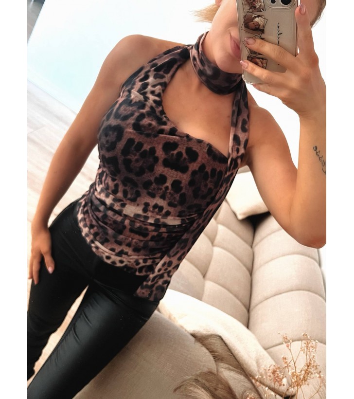 Nalle halterneck mesh top leopard
