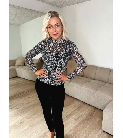 Jeshi turtleneck mesh bluse grå leopard