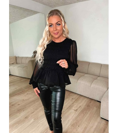 Uda langærmet smock bluse sort