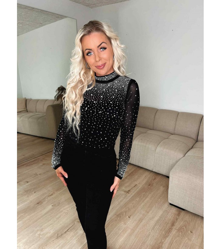 Evy mesh bluse m. rhinsten
