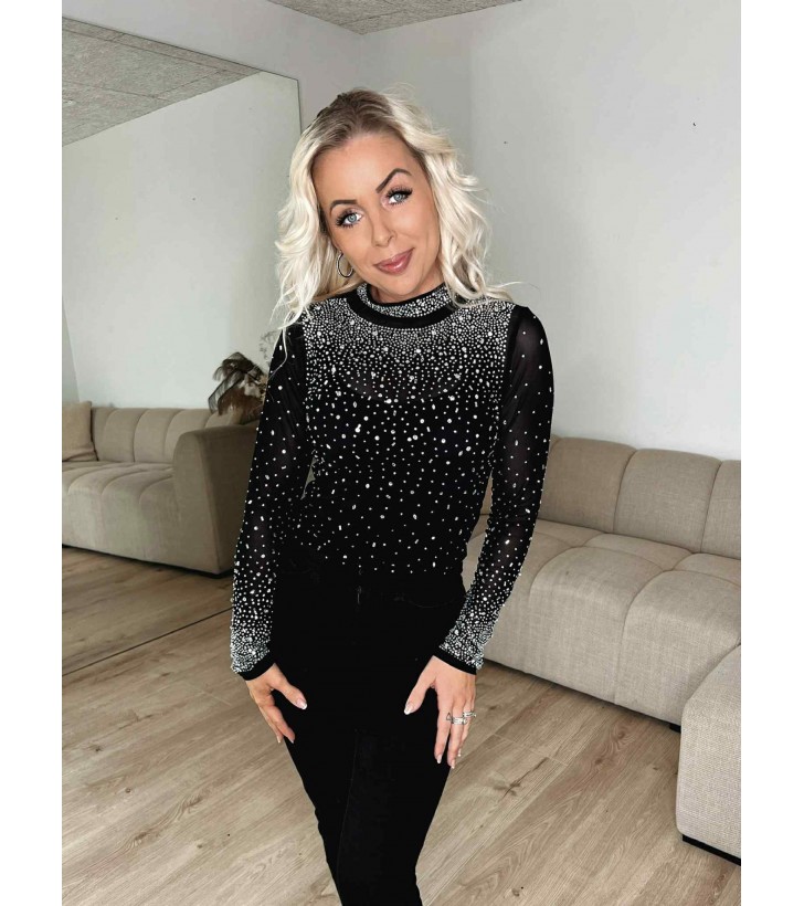 Evy mesh bluse m. rhinsten