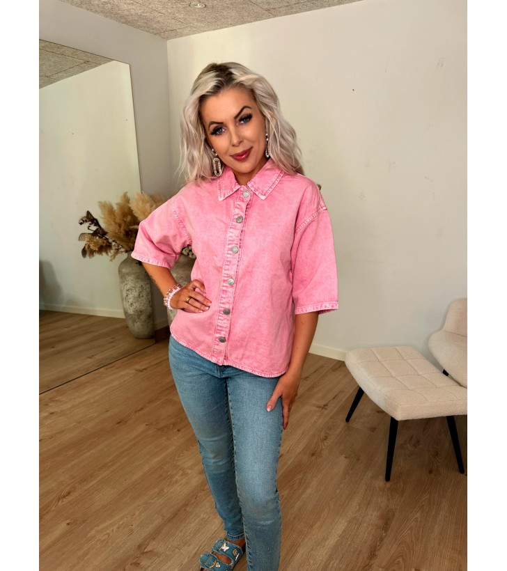 Polly kortærmede denim skjorte lyserød