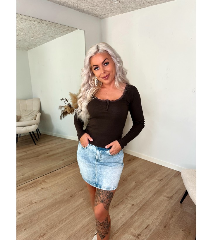 Maya Rib Basic Langærmet Bluse M. Blondekant