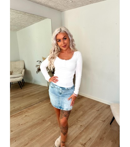 Maya Rib Basic Langærmet Bluse M. Blondekant