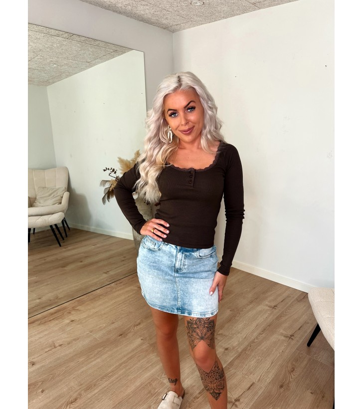 Maya Rib Basic Langærmet Bluse M. Blondekant